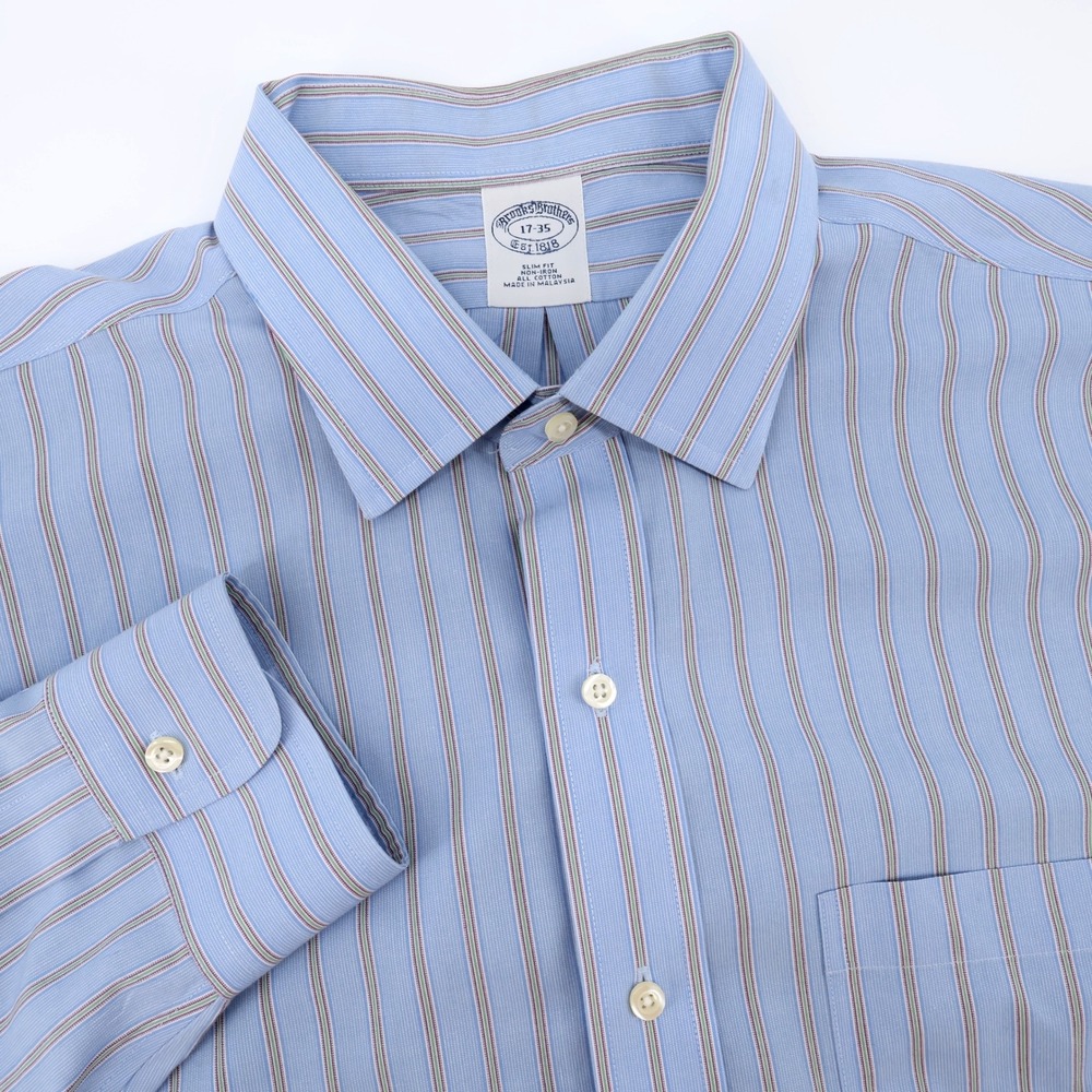 Brooks Brothers Est 1818 Mens XL 17-35 Slim Fit Striped‎ Button Down Shirt Blue